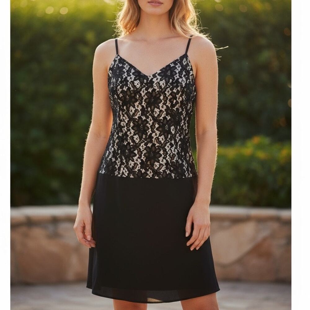 Carole Little Dress 10P Black Beaded‎ Lace Spaghetti Strap Drop Waist Whimsygoth